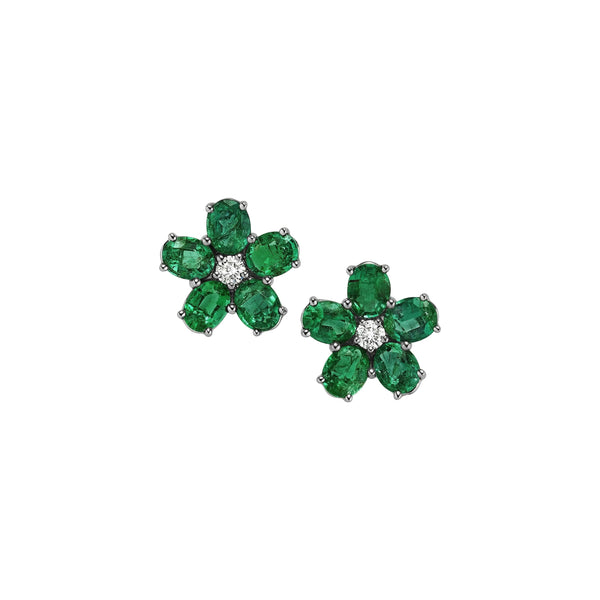 Flower Emerald and Diamond Stud Earrings