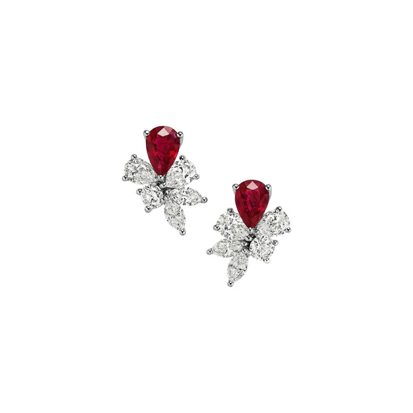 Pear Ruby and Diamond Cluster Stud Earrings