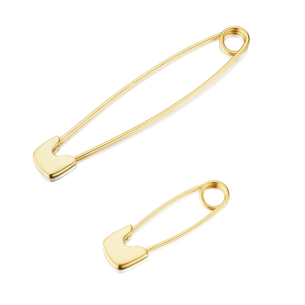 Gold safety pin in 18k yellow gold, shown in two sizes