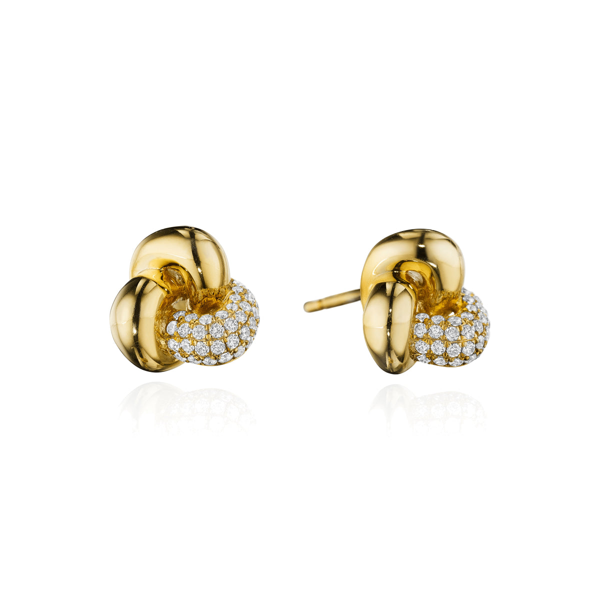 Trillium pavé diamond knot earrings in 18k yellow gold, side view