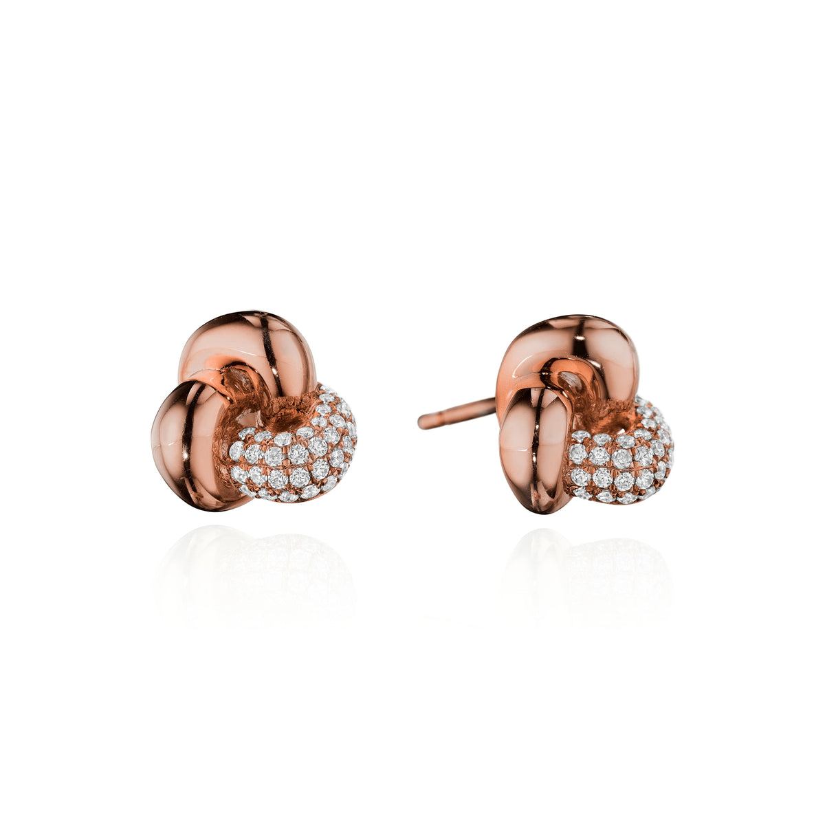 Trillium pavé diamond knot earrings in 18k rose gold, side view