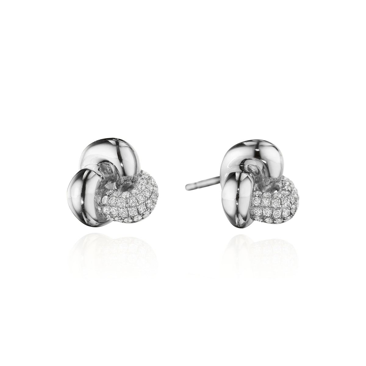 Trillium pavé diamond knot earrings in 18k white gold, side view