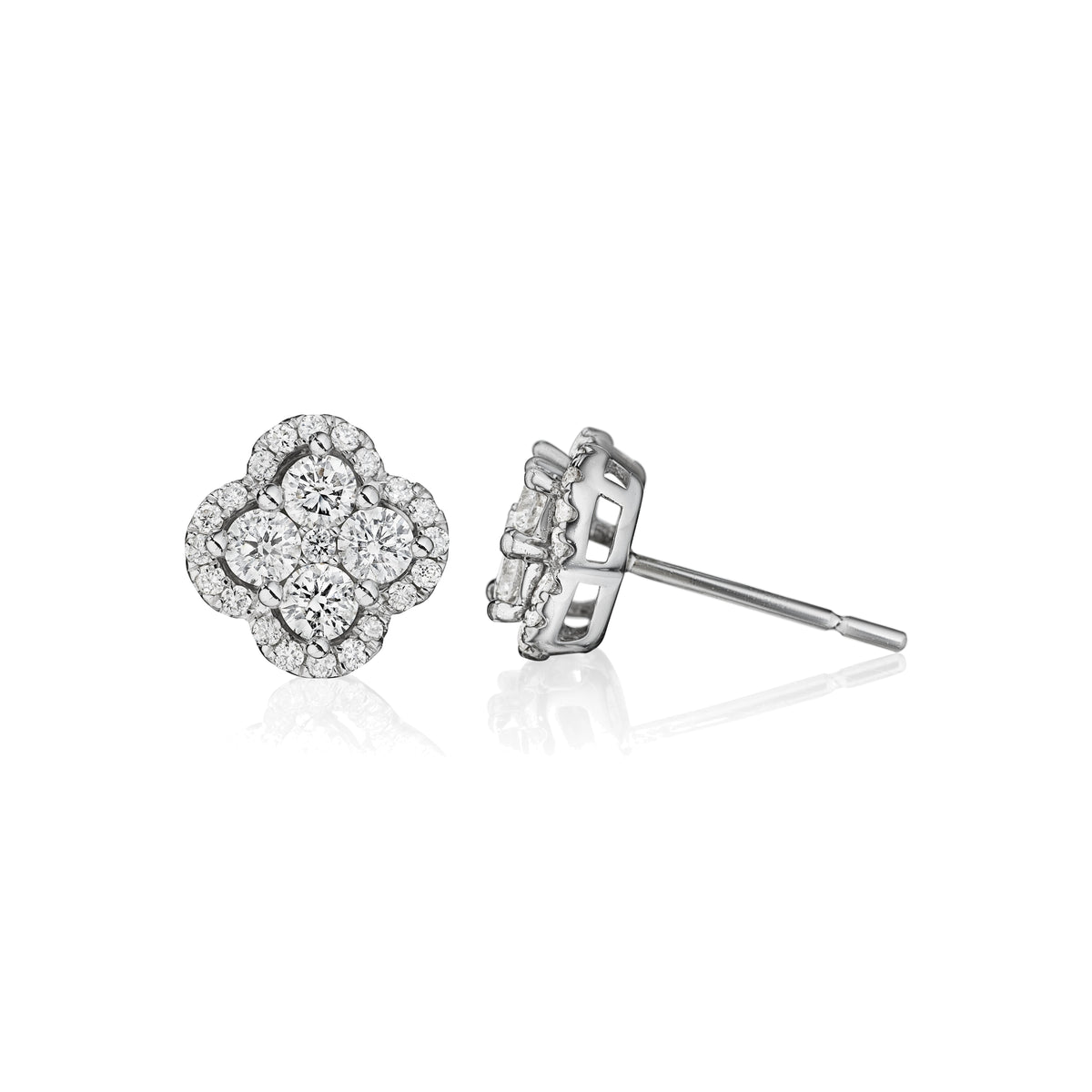 Lucky diamond clover earrings in 18k white gold, side view