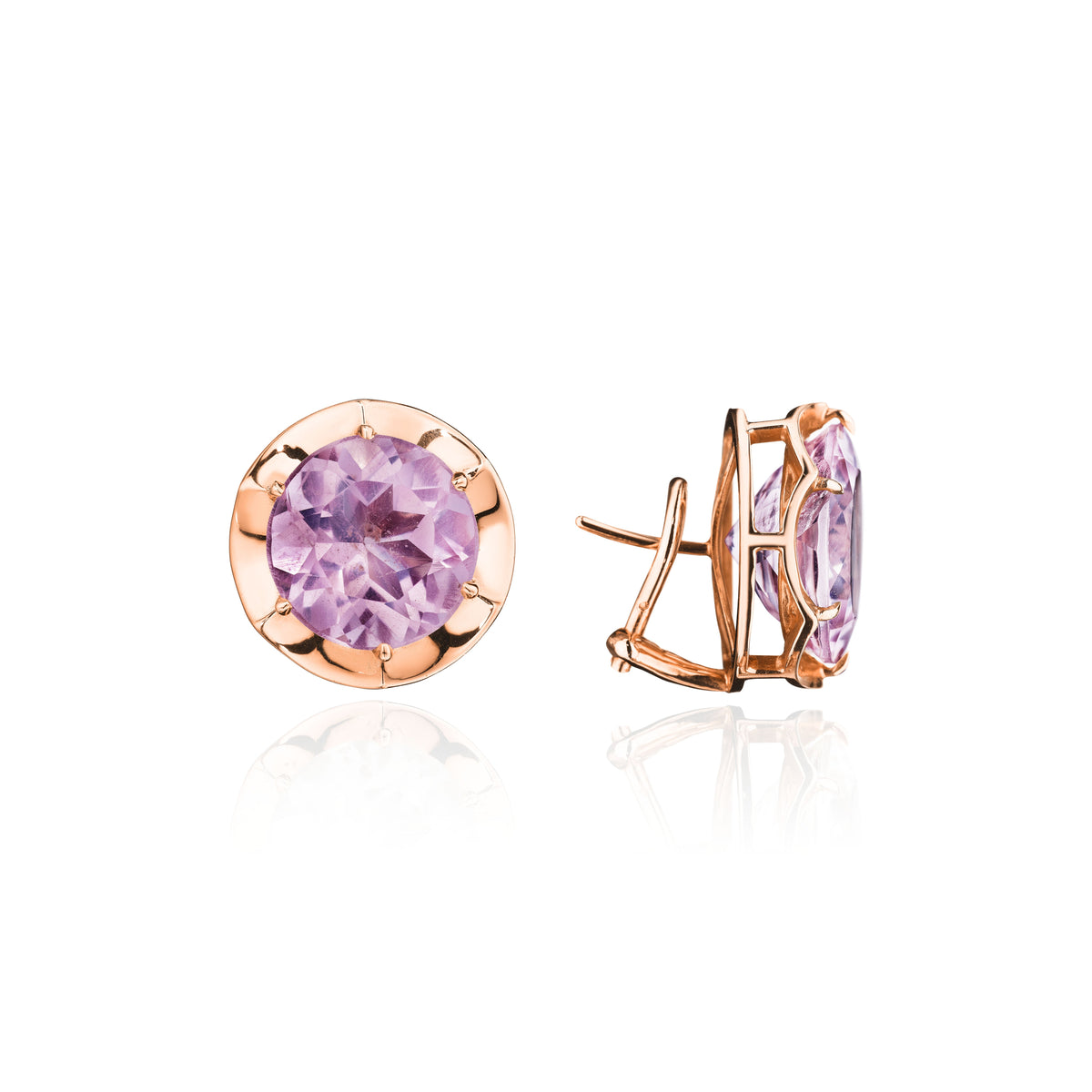 Rose quartz burst stud earrings in 18k rose gold, side view