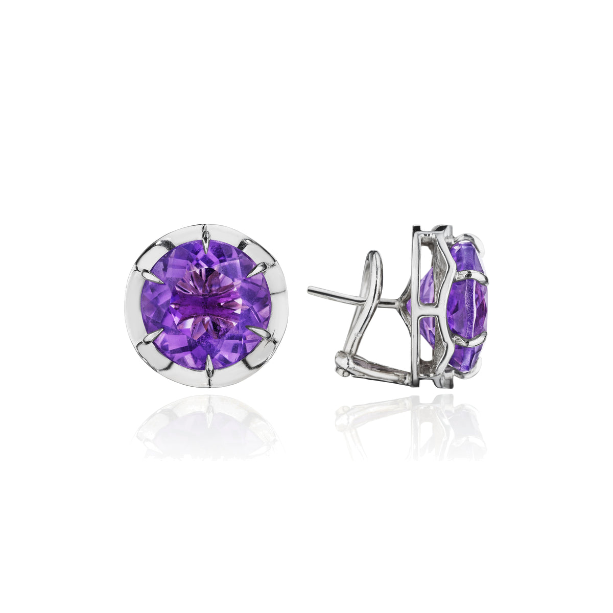 Amethyst burst stud earrings in 18k white gold, side view