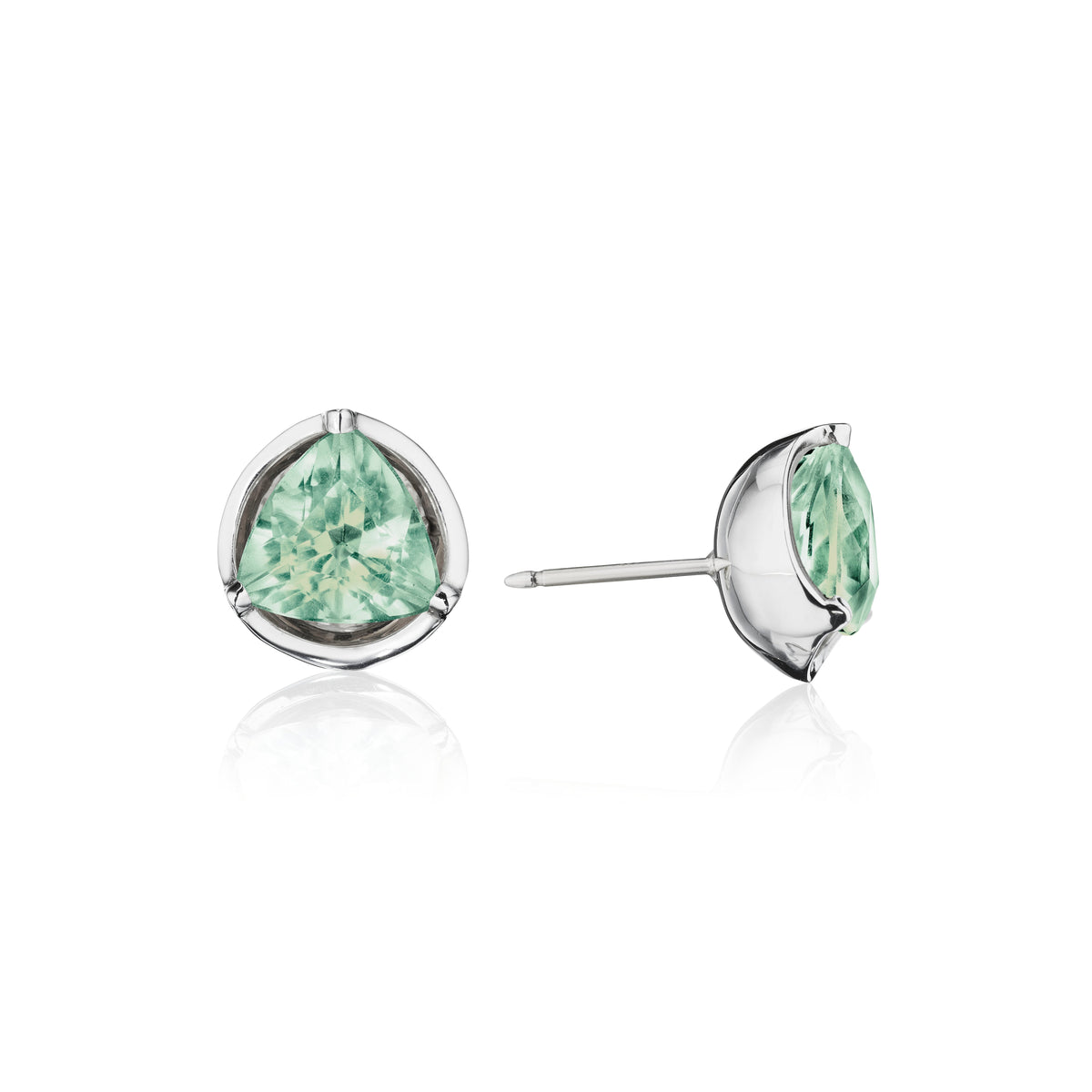 Prasiolite satellite stud earrings in 18k white gold, side view