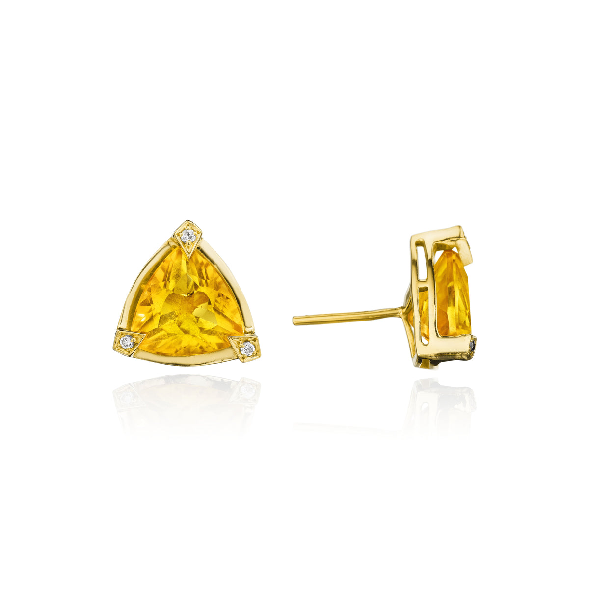 Citrine and diamond shield stud earrings in 18k yellow gold, side view