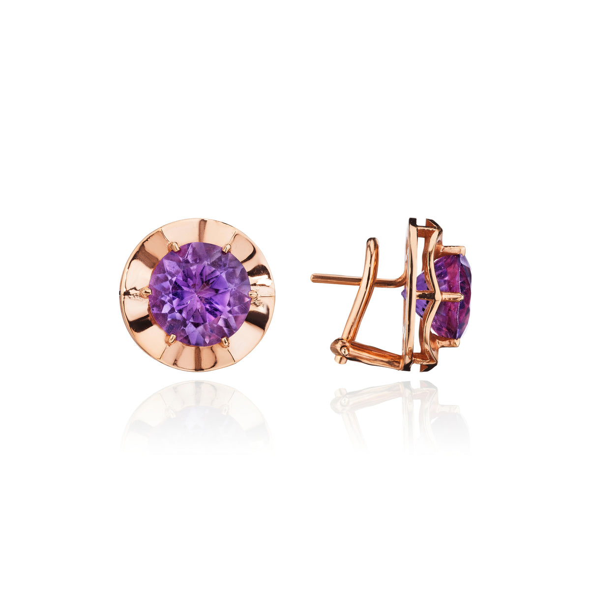 Amethyst burst stud earrings in 18k rose gold, side view