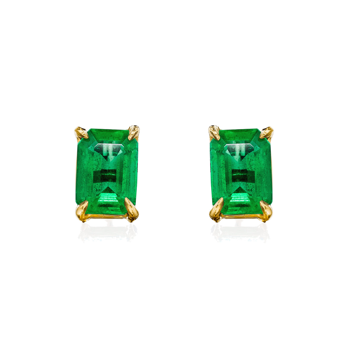 Emerald cut Colombian emerald stud earrings, 2 carats total, in 18k yellow gold