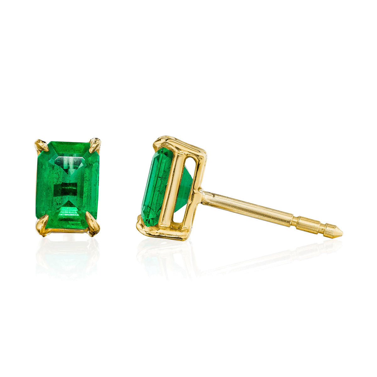 Emerald cut Colombian emerald stud earrings, 2 carats total, in 18k yellow gold, side view