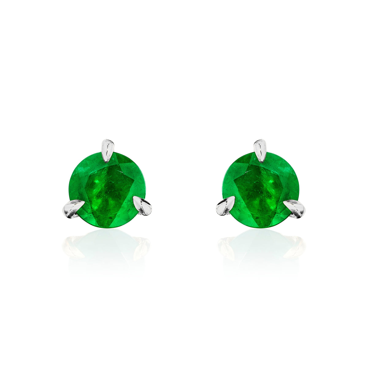 Round Colombian emerald stud earrings, 0.50 carat each, in 18k white gold