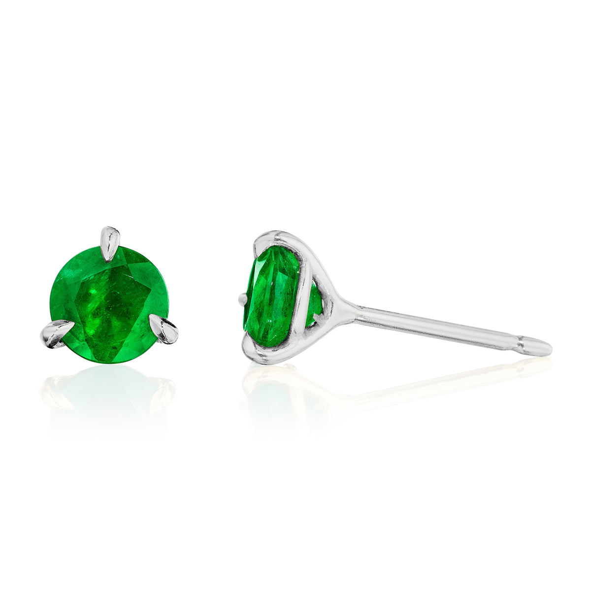 Round Colombian emerald stud earrings, 0.50 carat each, in 18k white gold, side view