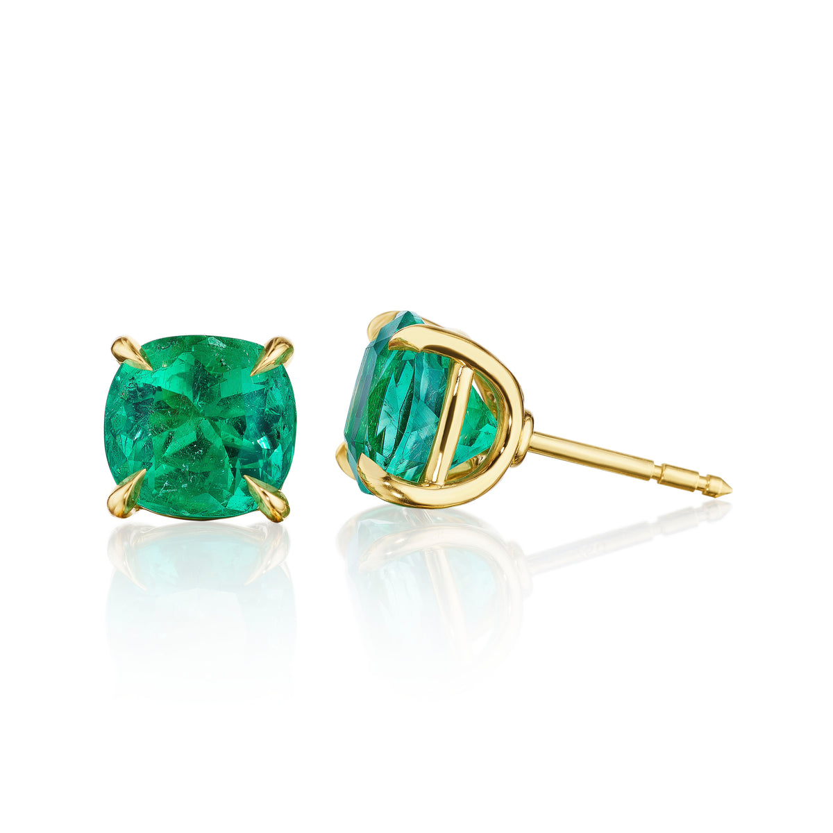 4.91 carat cushion cut Colombian emerald stud earrings in 18k yellow gold, side view