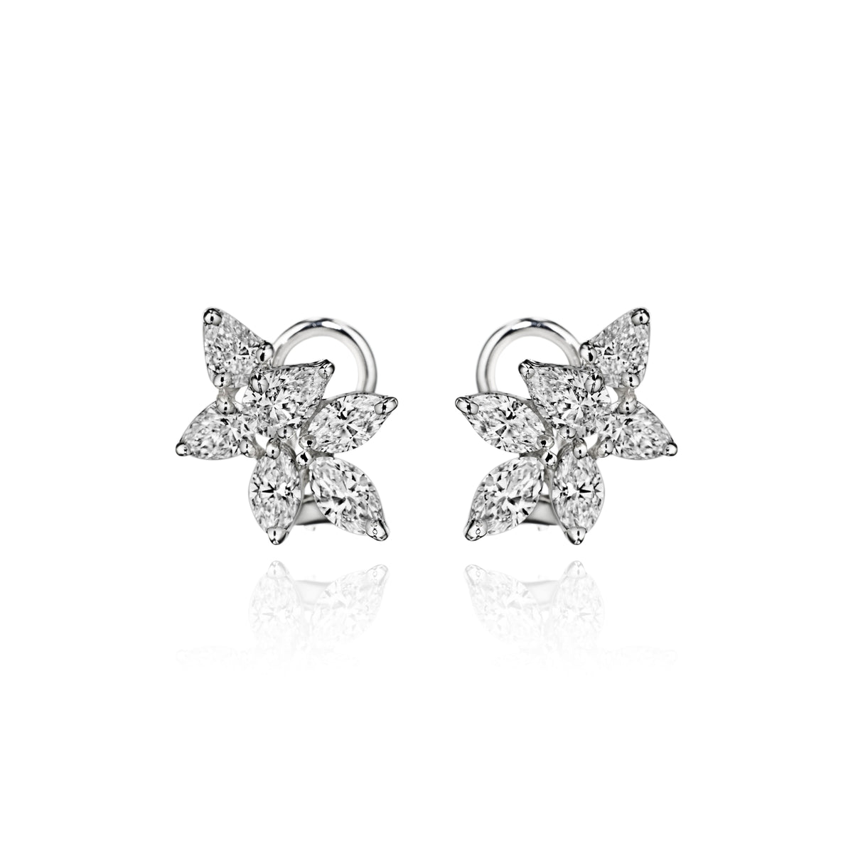 Marquise cluster diamond stud earrings in platinum, front view