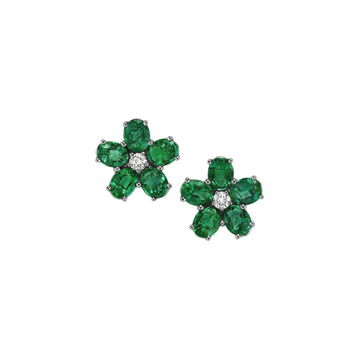 Flower emerald and diamond stud earrings in 14k white gold