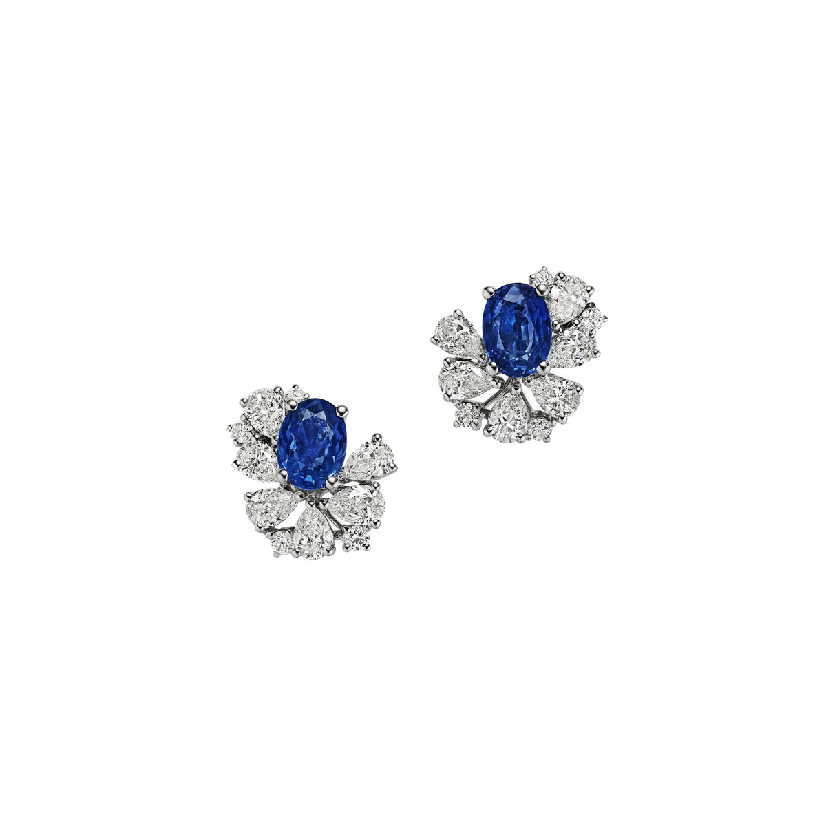 Oval sapphire and diamond cluster stud earrings in 14k white gold