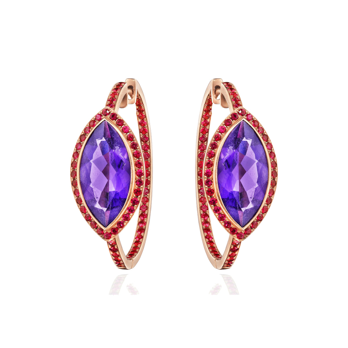 Amethyst and ruby hoop earrings in 18k rose gold