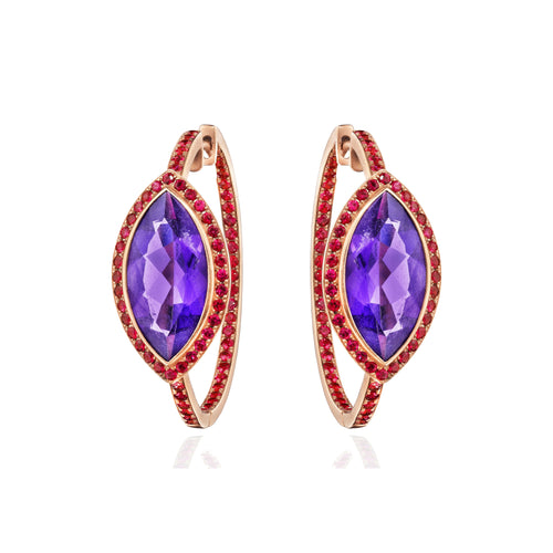 Amethyst and ruby hoop earrings in 18k rose gold