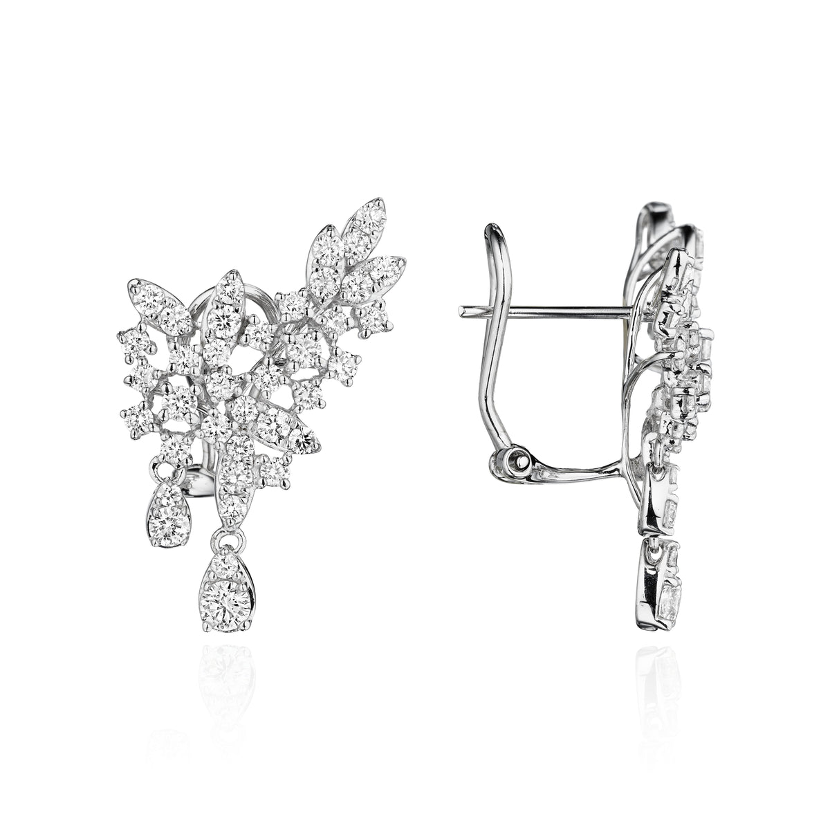 Orchid Thief diamond earrings in 18k white gold, side view