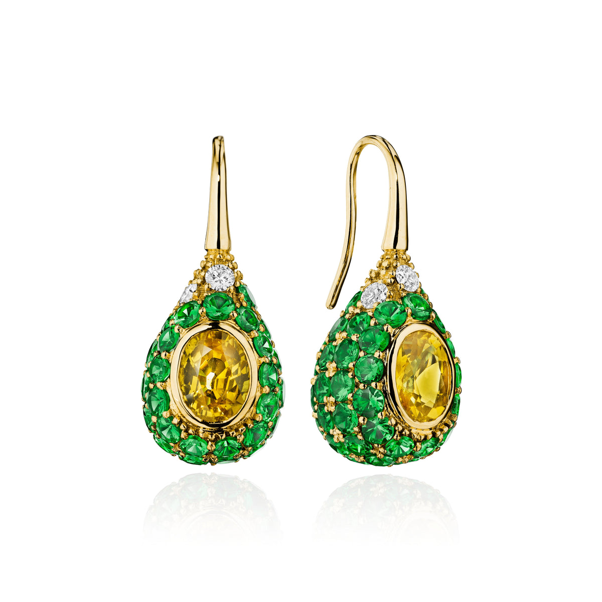 Yellow sapphire, tsavorite and diamond drop earrings in 18k yellow gold
