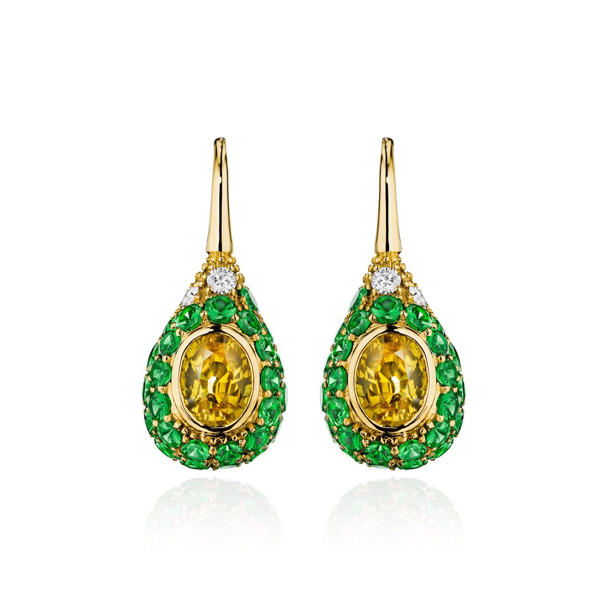 Yellow sapphire, tsavorite and diamond drop earrings in 18k yellow gold, side view