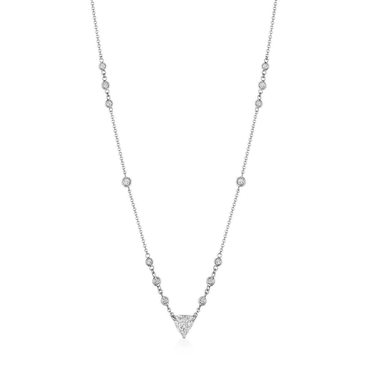 Bespoke trillion diamond pendant necklace in platinum, full length