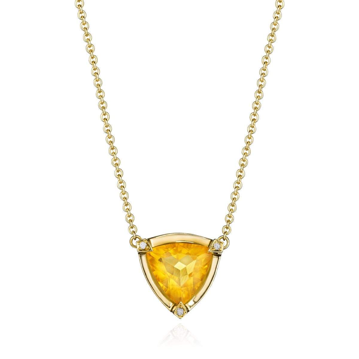 Citrine and diamond shield pendant necklace in 18k yellow gold, full length