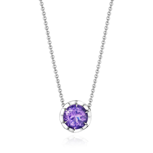 Amethyst burst pendant necklace in 18k white gold, full length