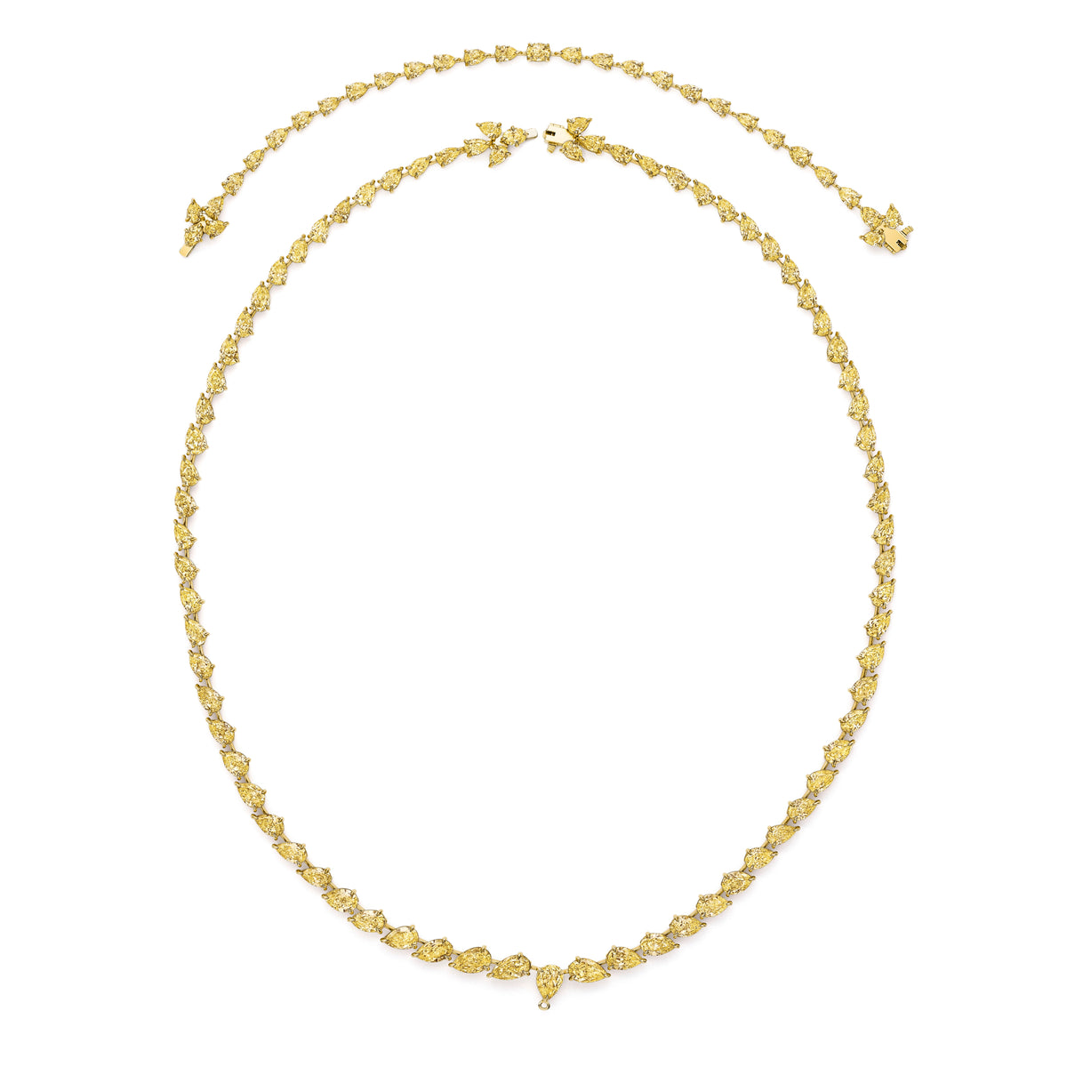 Fancy yellow diamond rivière necklace with matching pear diamond bracelet, 18k yellow gold