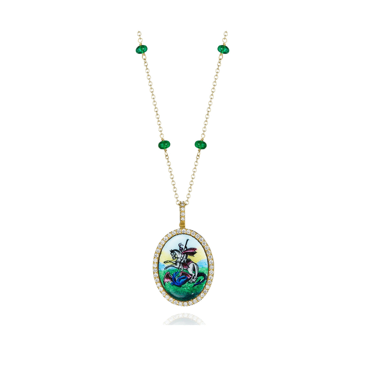 Antique São Jorge (Saint George) enamel medallion necklace with diamonds and emerald beads in 18k yellow gold