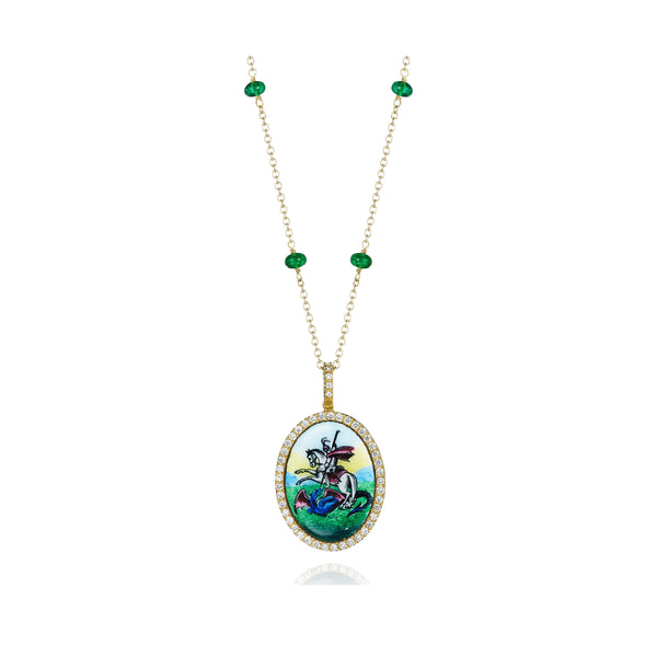 Antique Saint George Enamel Medallion with Diamonds & Emerald Beads