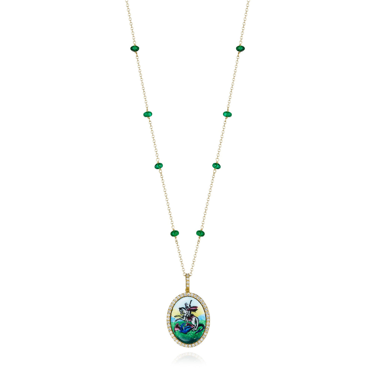 Antique São Jorge (Saint George) enamel medallion necklace with diamonds and emerald beads in 18k yellow gold, full length