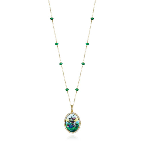 Antique São Jorge (Saint George) enamel medallion necklace with diamonds and emerald beads in 18k yellow gold, full length