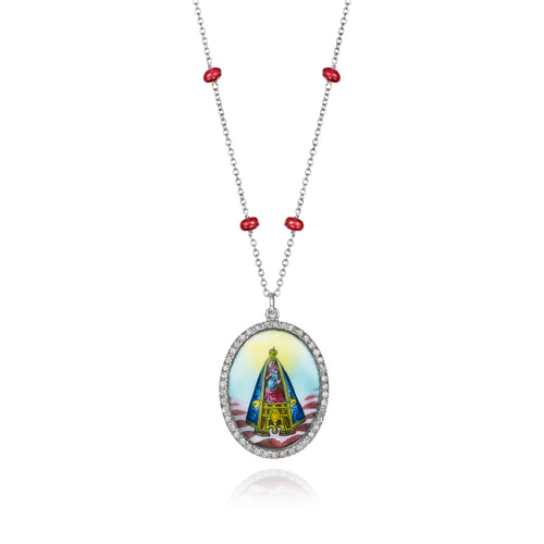Antique Nossa Senhora de Nazaré (Our Lady of Nazareth) enamel medallion necklace with diamonds and ruby beads in 18k white gold