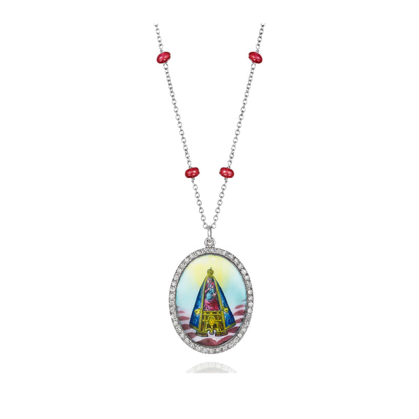 Antique Our Lady of Nazareth Enamel Medallion with Diamonds & Ruby Beads