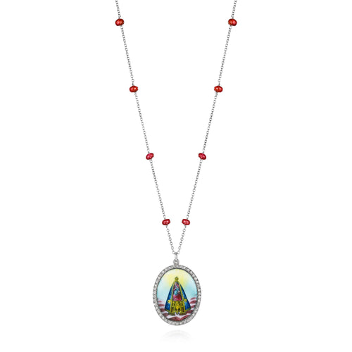 Antique Nossa Senhora de Nazaré (Our Lady of Nazareth) enamel medallion necklace with diamonds and ruby beads in 18k white gold, full length