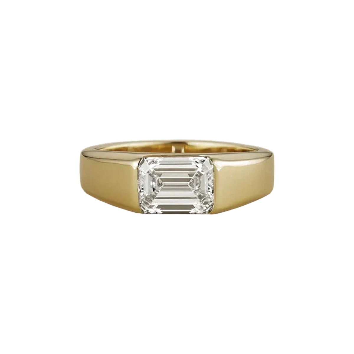 East-west emerald cut diamond engagement ring in 18k yellow gold