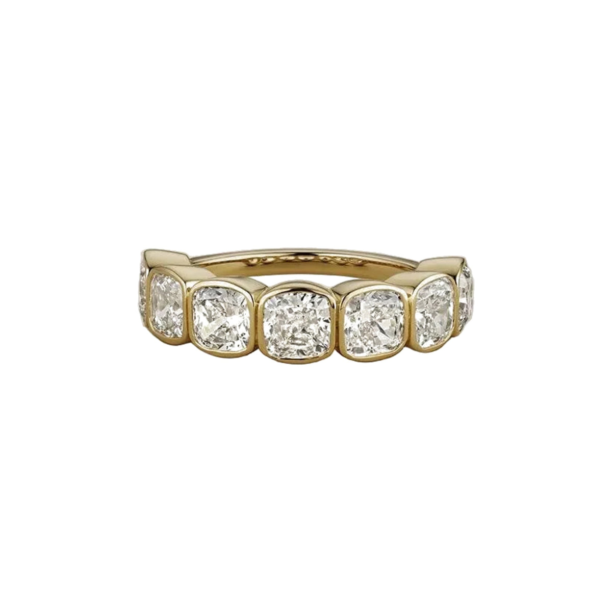 Cushion cut diamond bezel set half eternity band in 18k yellow gold