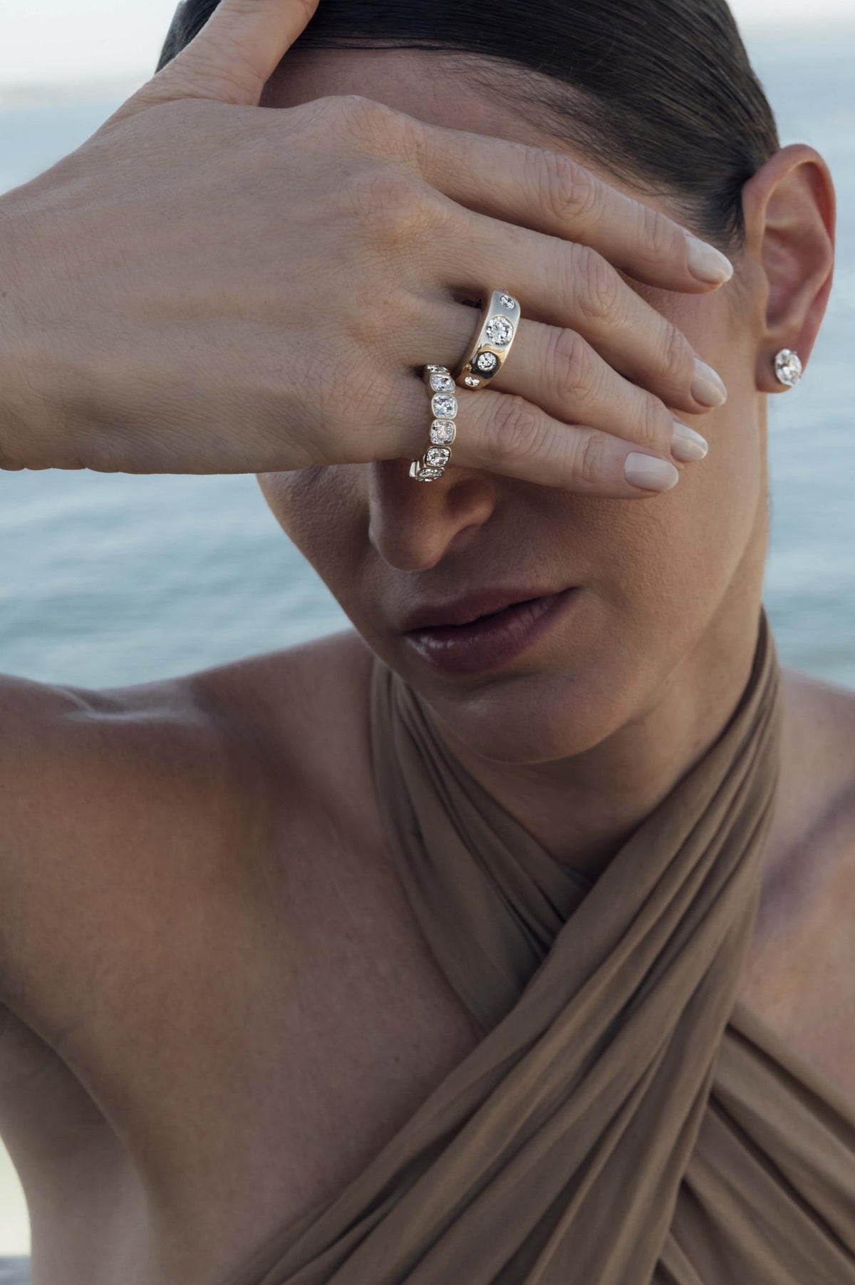 Rings, Bezel Set Cushion Half Eternity Band and Five Diamond Bombé