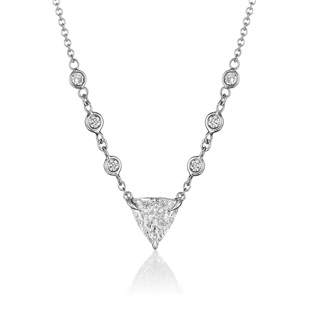 Bespoke trillion diamond pendant necklace in platinum, close-up