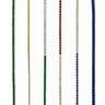 Five custom tennis-style chains in different colors: green, yellow gold, clear stones on a gold base, deep red, and blue, shown against a plain white background.