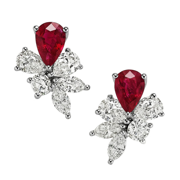 Pear-shape Ruby and Diamond Cluster Ear Studs by Marina Fragoso