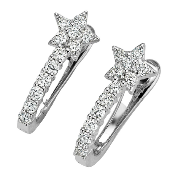 A pair of silver-toned huggie hoop earrings featuring a pavé-set starburst at the top and a curved pavé band, shown on a clean white background.