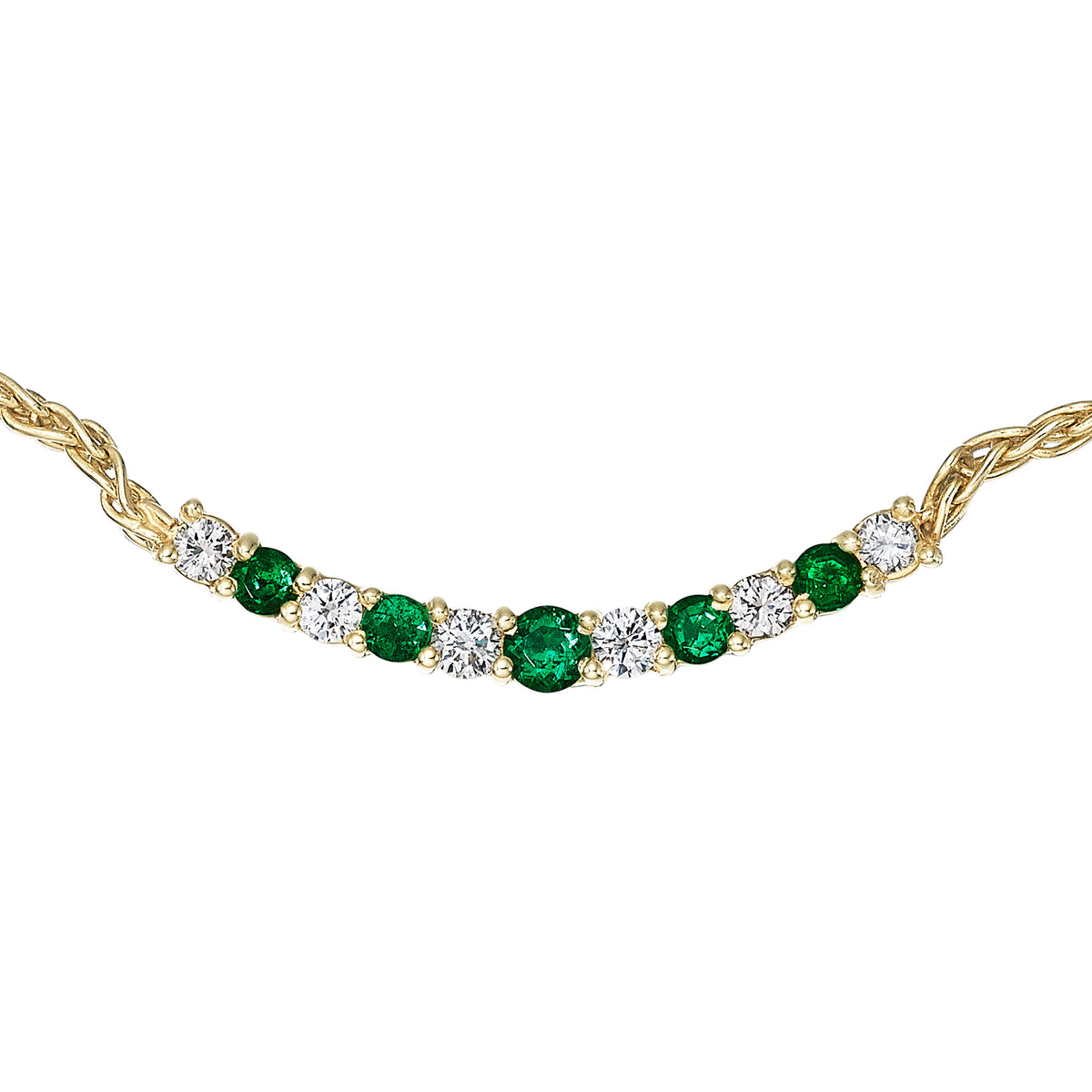 Graduated diamond and emerald line necklace in 18k gold, another view